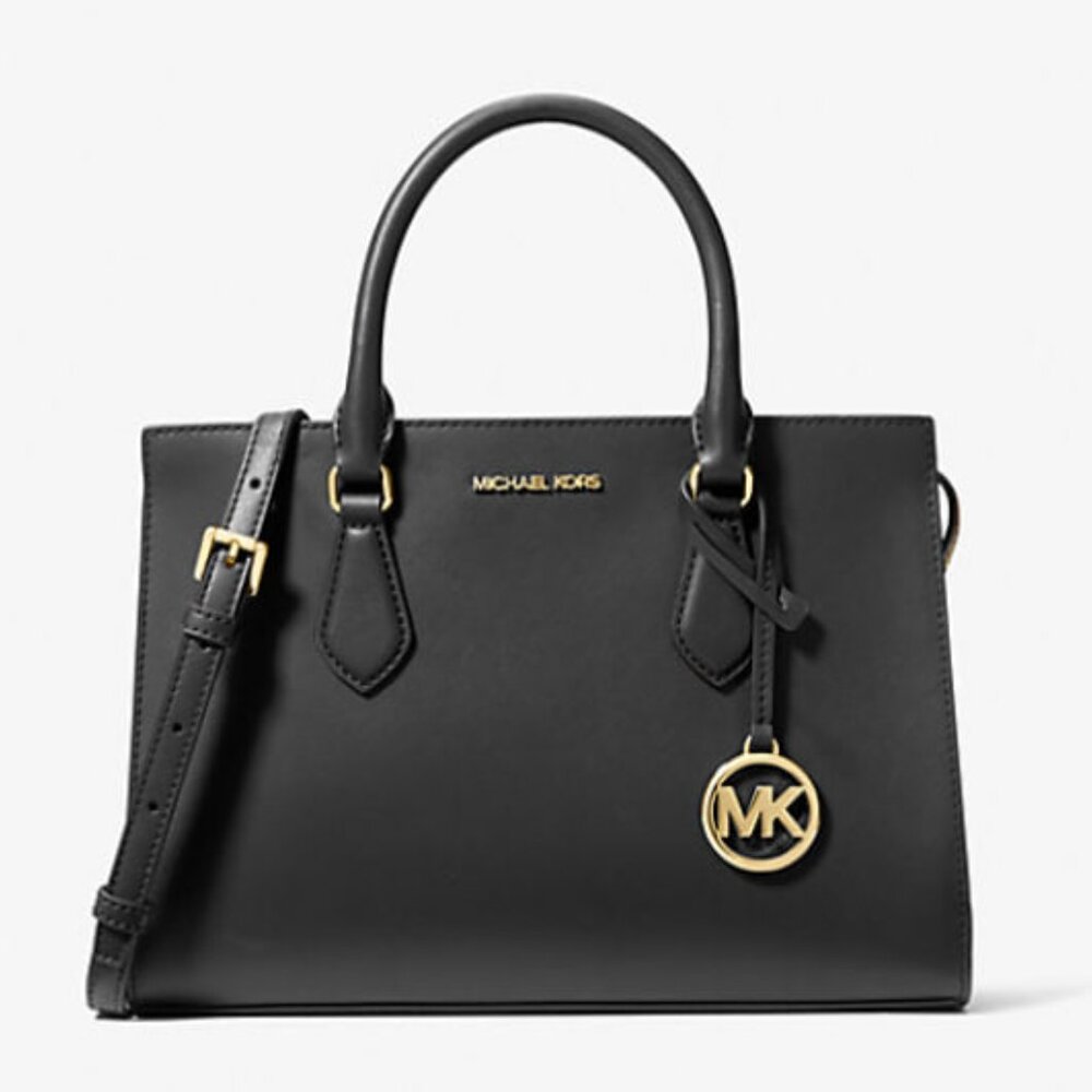 NWT Michael Kors Sheila Medium Triple Compartment Satchel Black Faux Leather